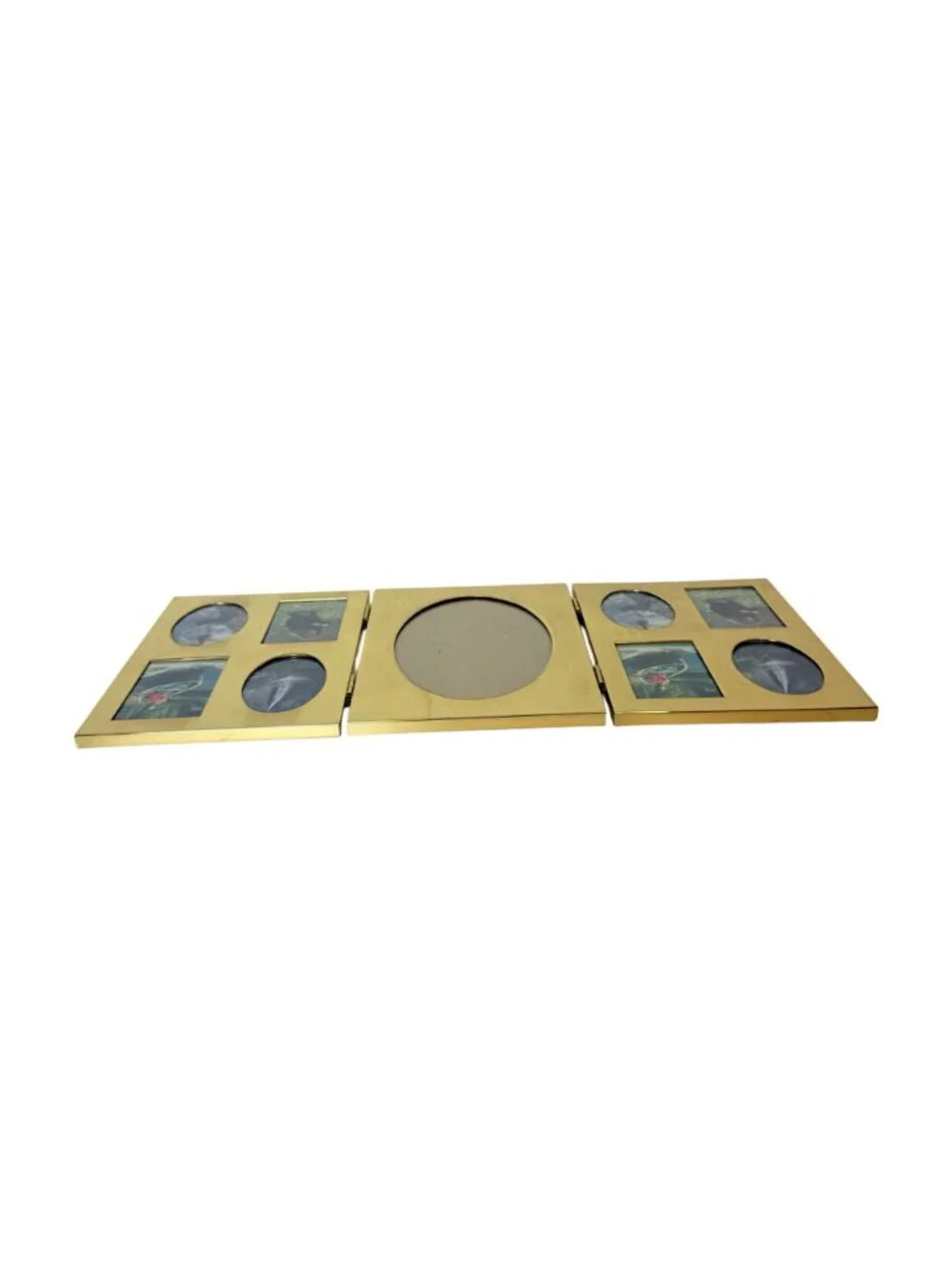 Vintage Tri Fold Picture Frame Gold Tone 80s Oval Folding Multi Photo Display